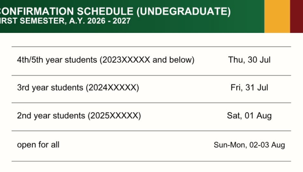 First Semester A.Y. 2026–2027 Undergraduate Confirmation Schedule